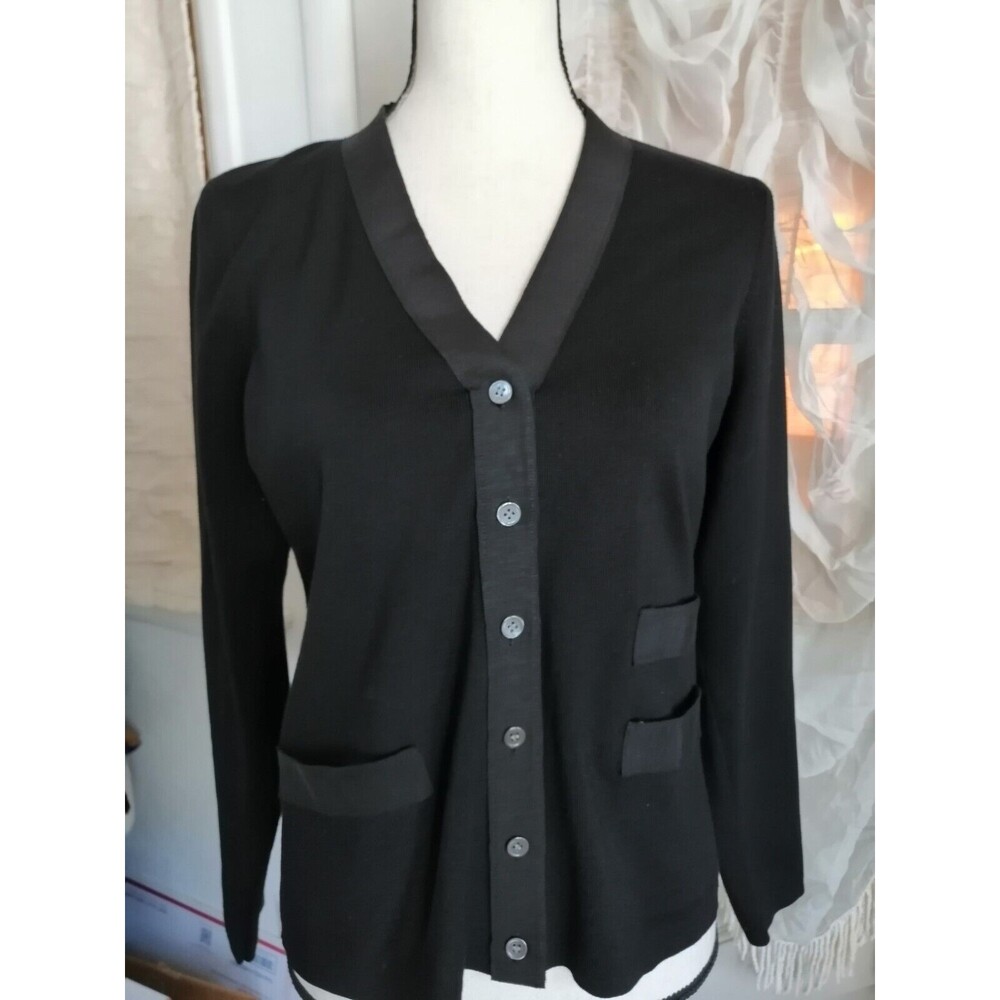 Liz Clainborne Womens Silk Nylon Cardigan Blouse Top Size PM Black Career